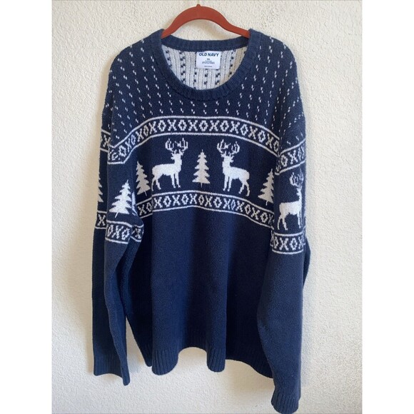 Old Navy Sweater Fair Isle Reindeer Tree Mens XXL Pullover Crew Holiday - Picture 1 of 7